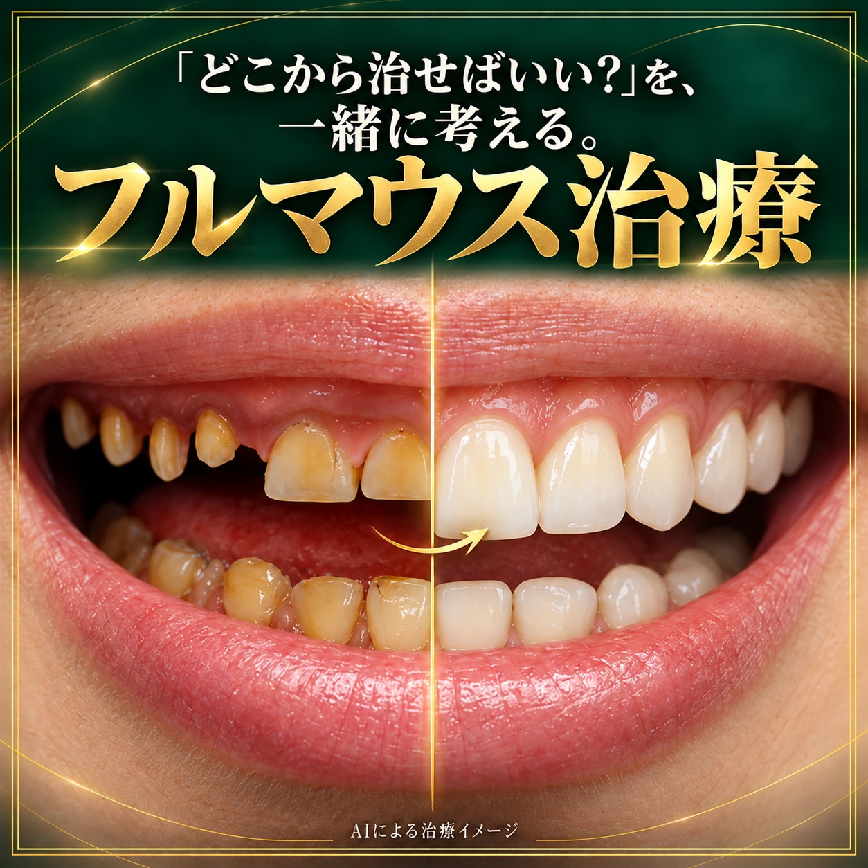 「どこから治せばいい？」を、一緒に考える。フルマウス治療。AIによる治療イメージ